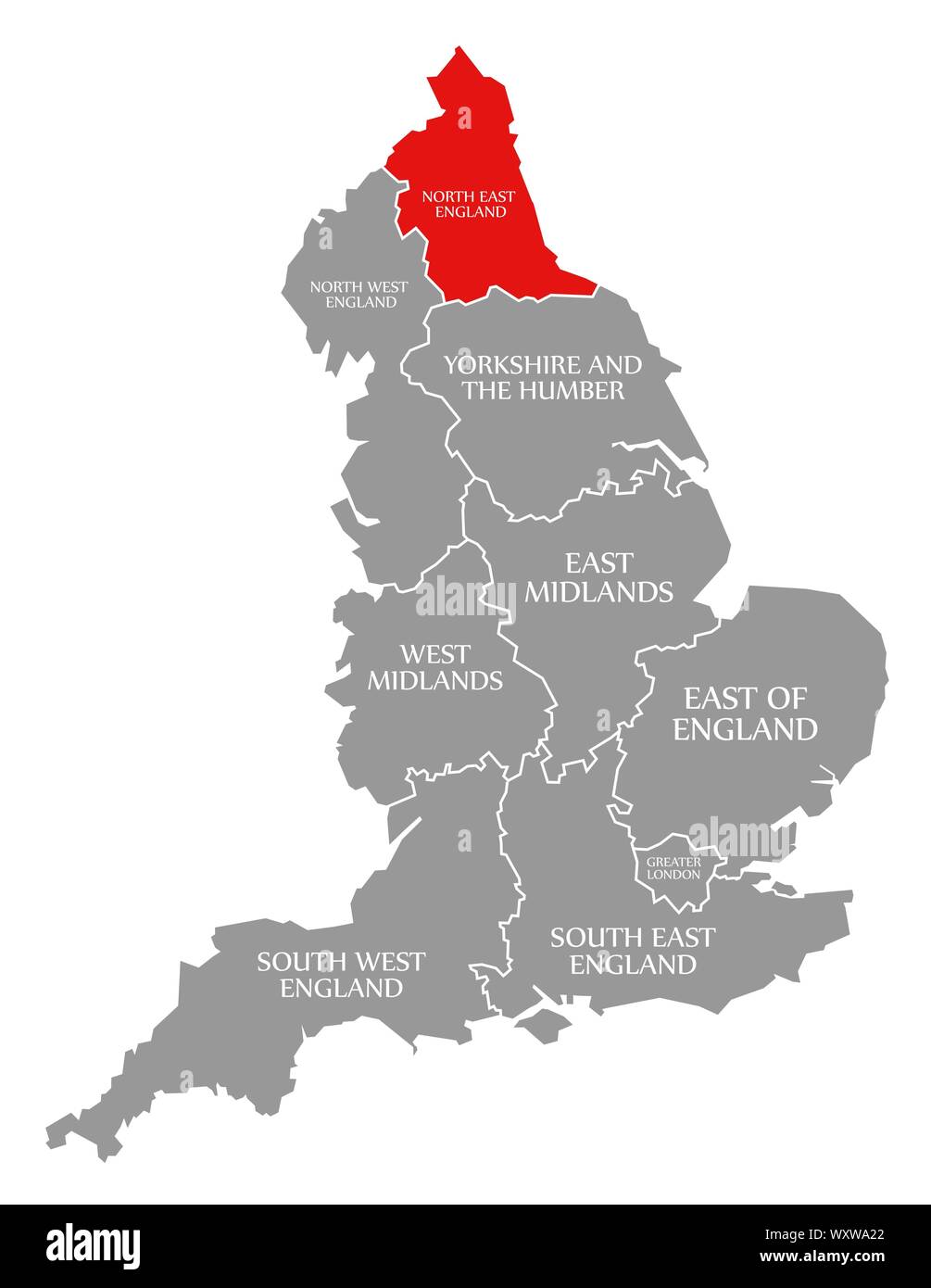 El Noreste de Inglaterra resaltada en rojo en el mapa de Inglaterra Foto de stock