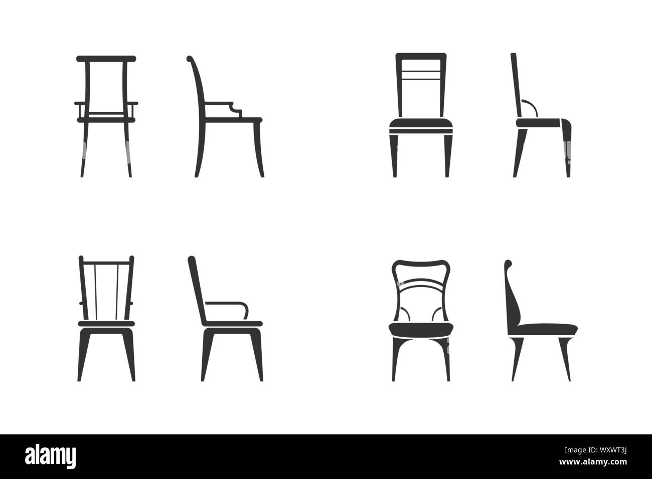 Juego de sillas en blanco y negro de icono. Vista frontal y vista lateral  de la silla diferente estilo plano, ilustración vectorial Imagen Vector de  stock - Alamy