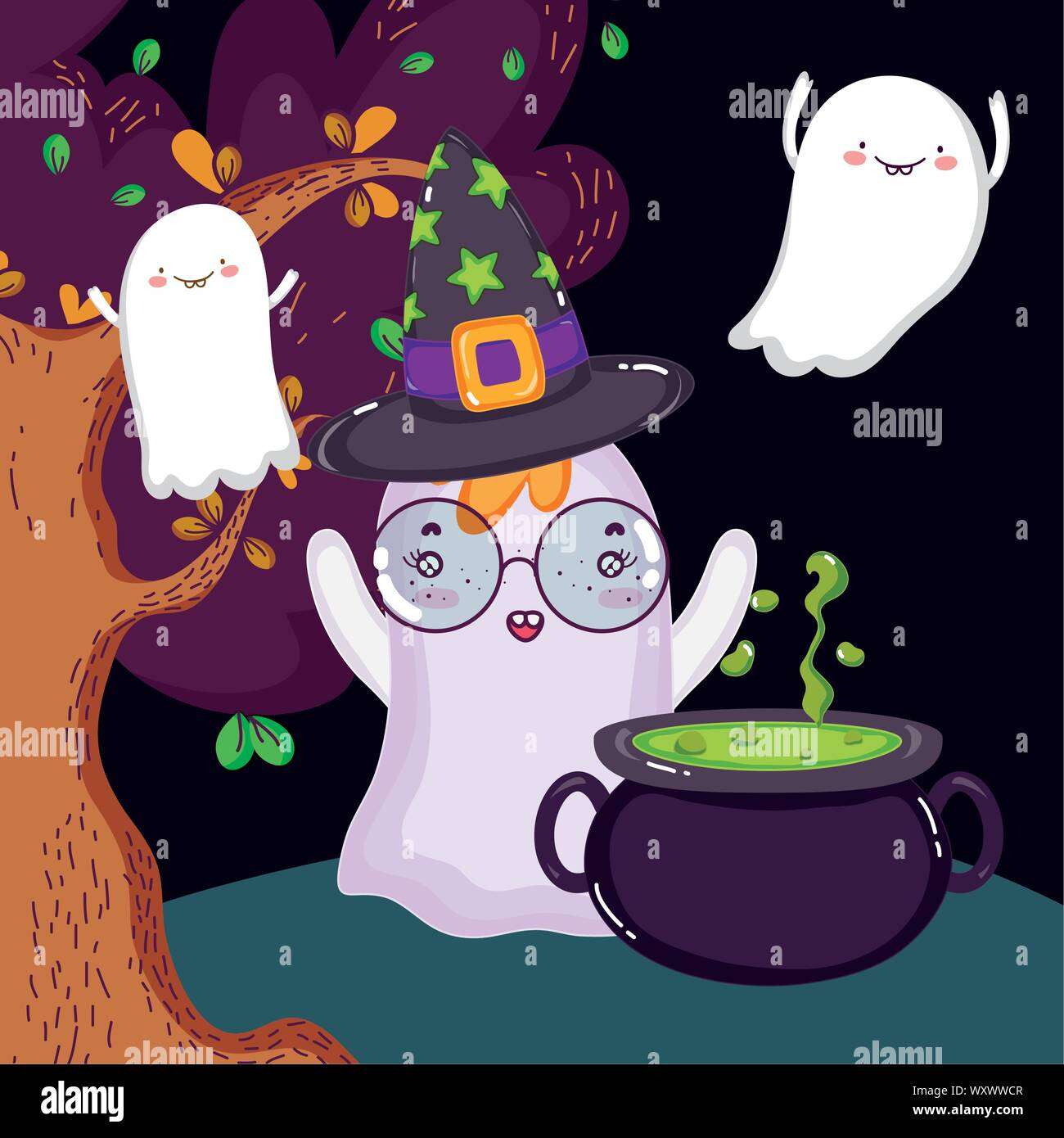 Los fantasmas hechizo caldero árboles halloween ilustración vectorial Ilustración del Vector