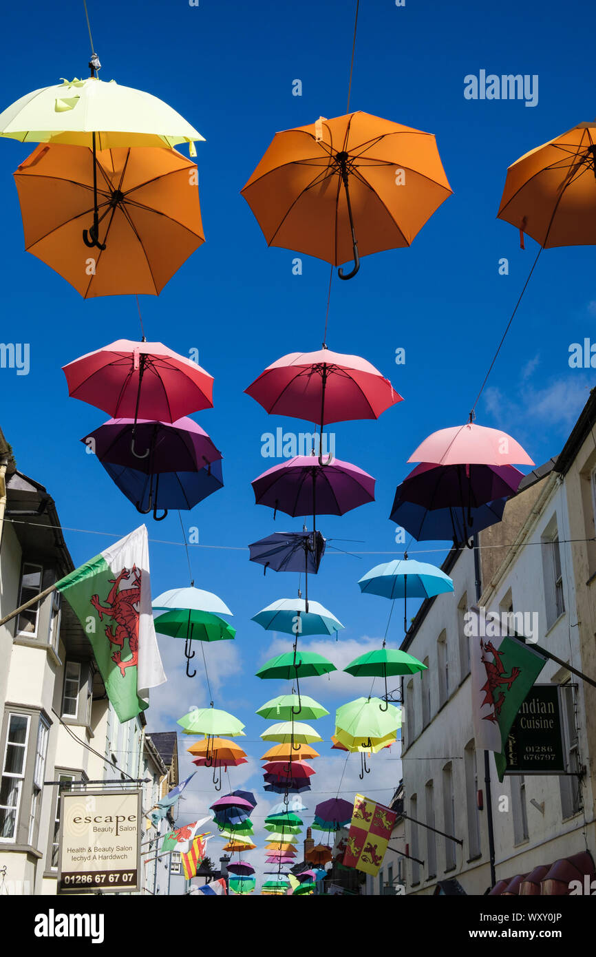 Instalación de arte colorido despliegue de paraguas colgando sobre una calle estrecha en el casco antiguo de la ciudad. Palace Street (Stryd y Plas) Gwynedd Caernarfon Gales UK Foto de stock