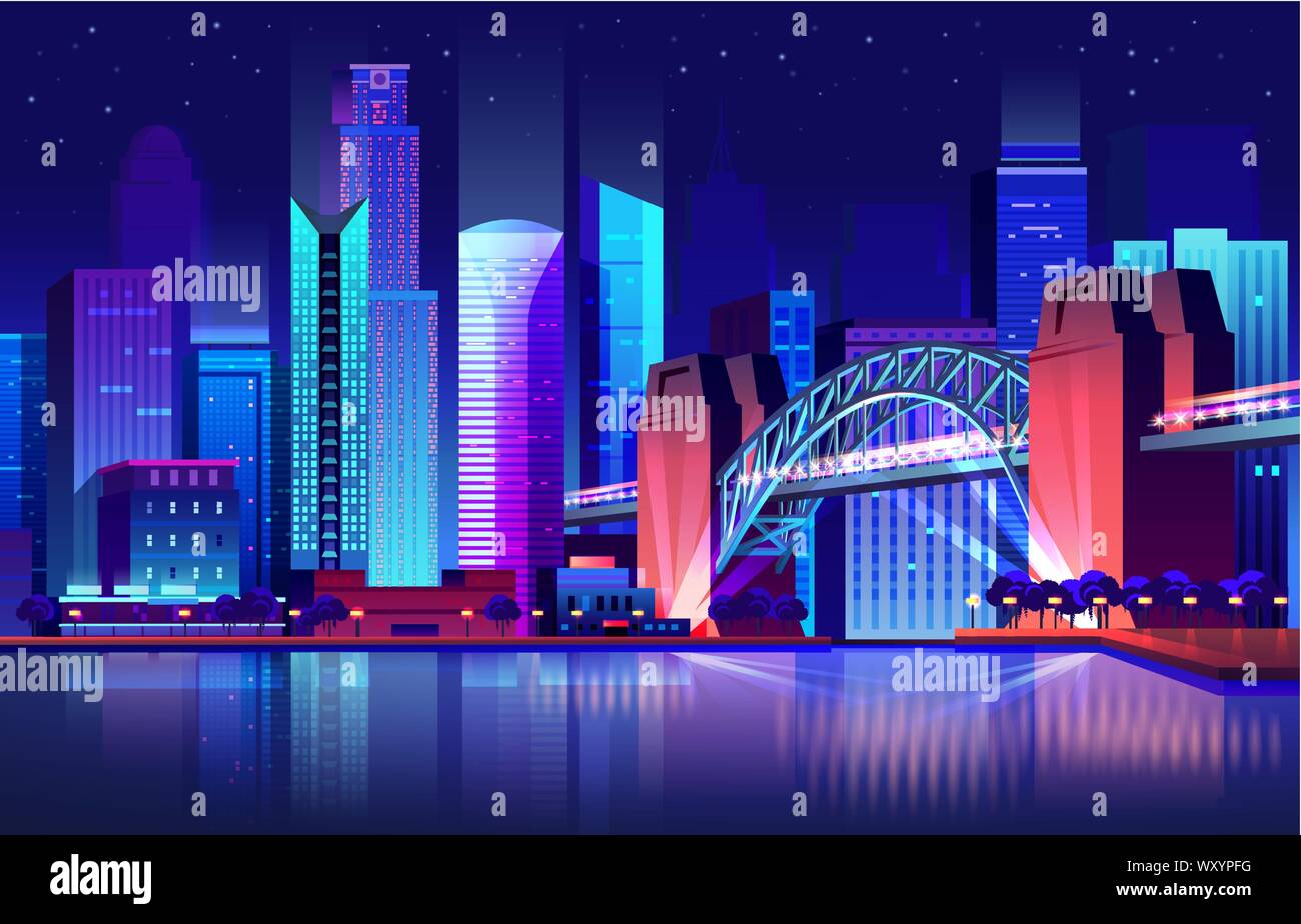 Ciudad futura con el puente y el río, ciudad futurista Ilustración del Vector