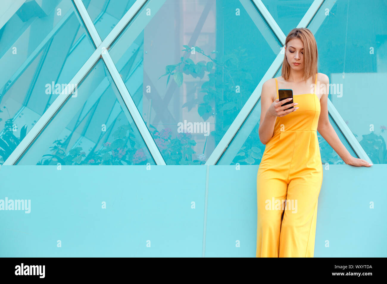 Un retrato de una bella mujer texting en su elegante, de pie afuera en un moderno edificio urbano de cristal de espejo como fondo de windows. Chica Foto de stock