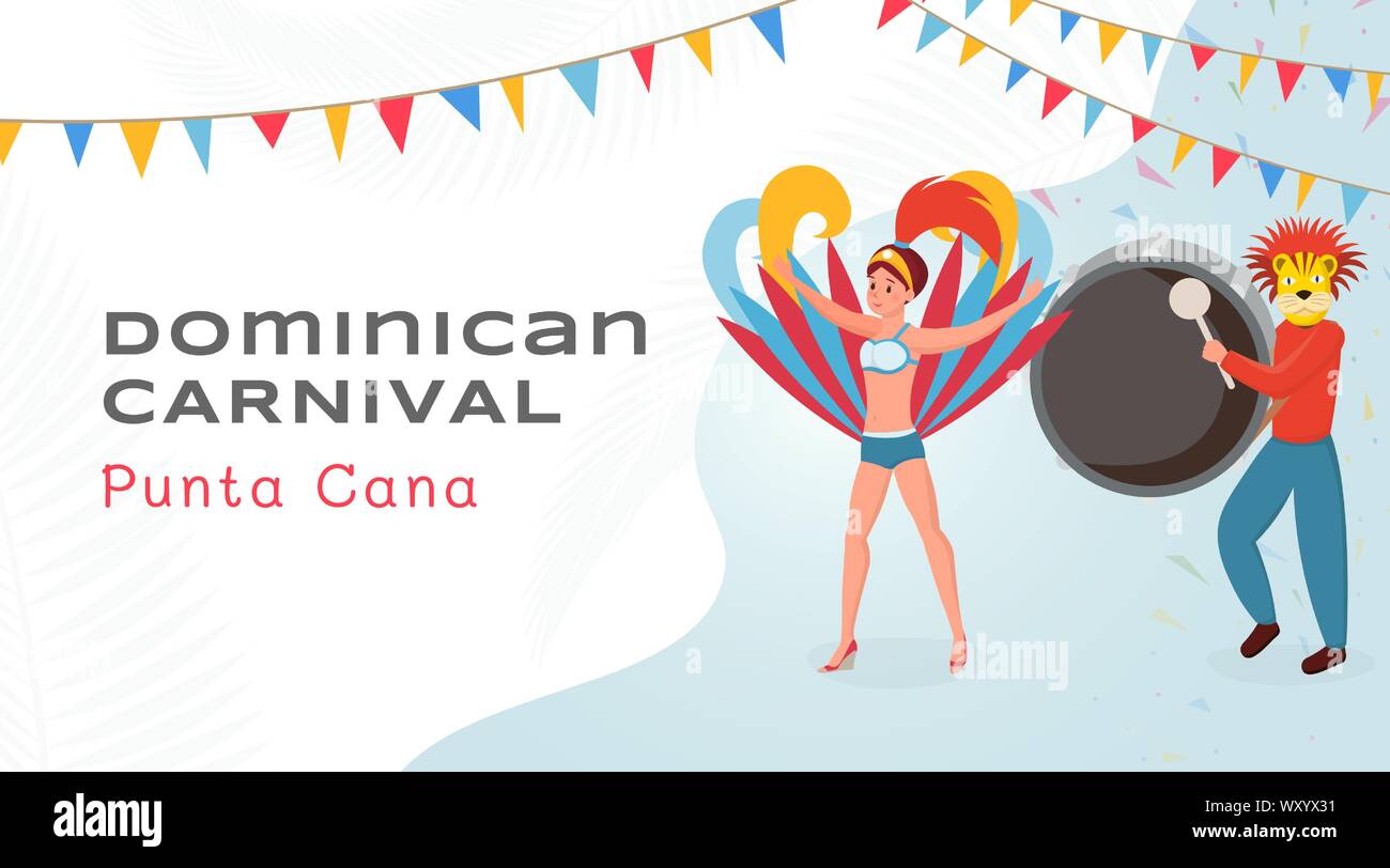 Festival dominicano banner plana plantilla vectorial. Bailarín en el hermoso traje y el baterista en máscara de león personajes de dibujos animados. Tradicional evento cultural de América del Sur, Punta Cana Vacaciones diseño de póster Ilustración del Vector