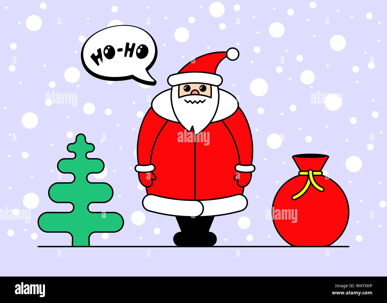 Lindo personaje de dibujos animados kawaii Santa Claus para Navidad y  celebración Feliz año Nuevo. Bolsa de regalo picea y nieve en púrpura dulce  invierno vacaciones tarjeta de felicitación. Ilustración de póster