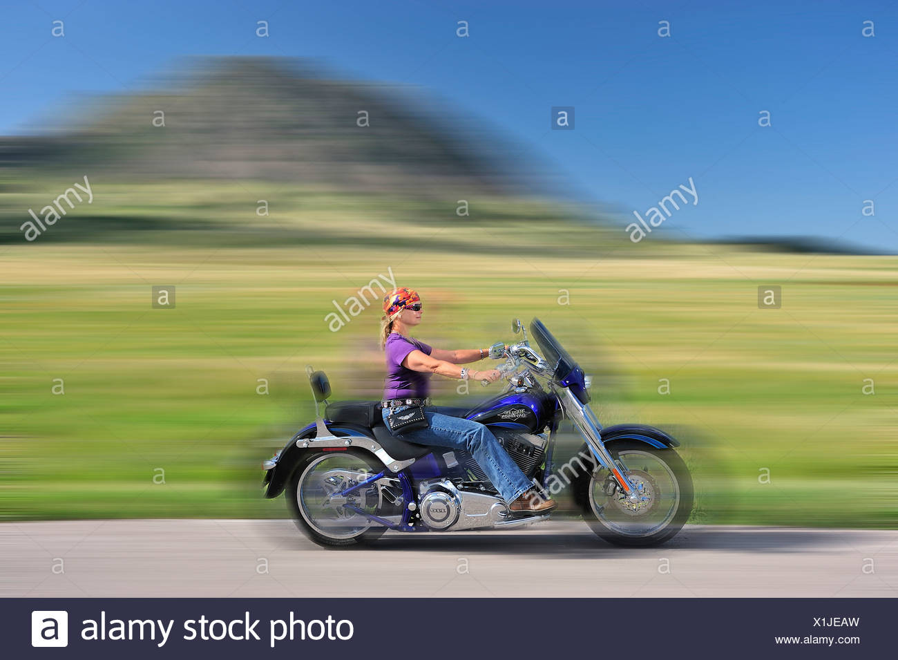 Velocidad, equitación, caminos abiertos, Sturgis, USA, Estados Unidos, América, América del Norte, Black Hills, Maurreen Doz, mujer, bicicleta, modelo rel Foto de stock
