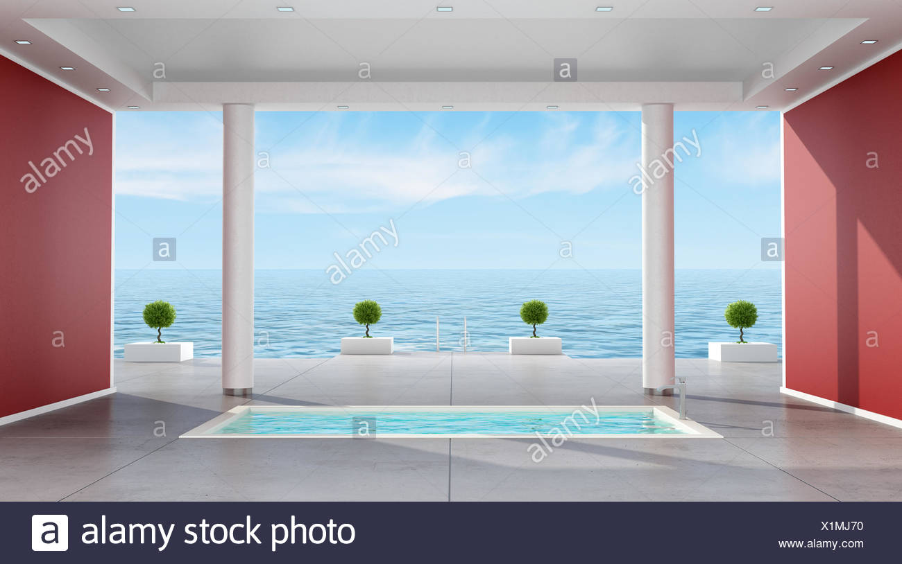 Cuarto de baño de lujo con bañera hundida en una villa con vistas al ... Cuarto de baño de lujo con bañera hundida en una villa con vistas al ...
