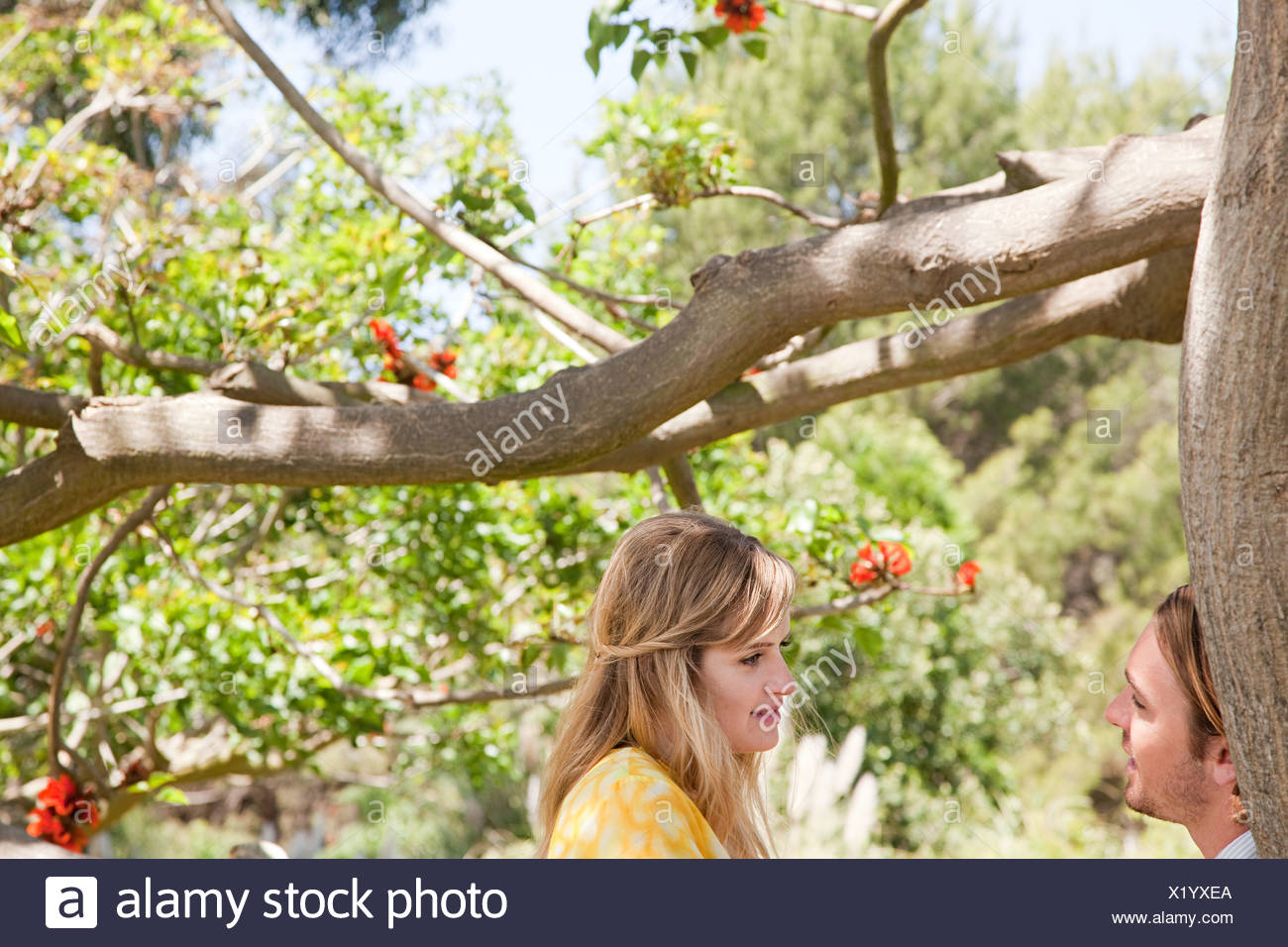 Pareja joven por un árbol Foto de stock