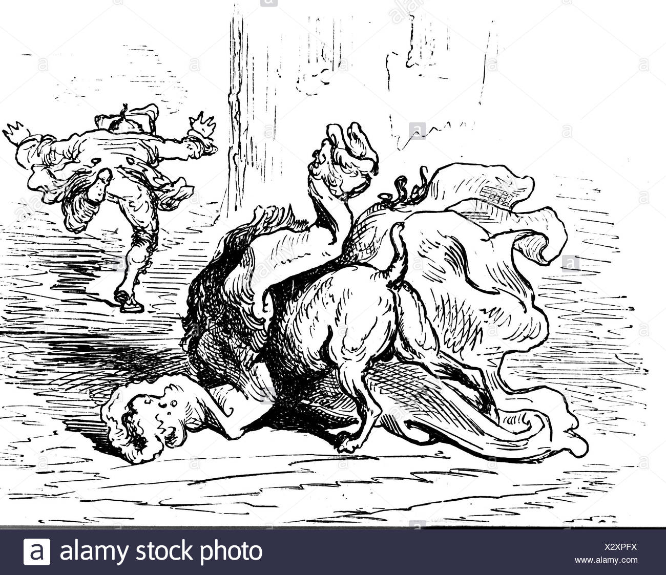 Münchhausen, Barón Karl Friedrich Hieronymus, Freiherr von, 11.5.1720 - 22.2.1797, el trabajo, escena de sus aventuras: Su perro está luchando con su abrigo, grabado en madera siglo 19, Munchhausen, Muenchhausen, , Foto de stock