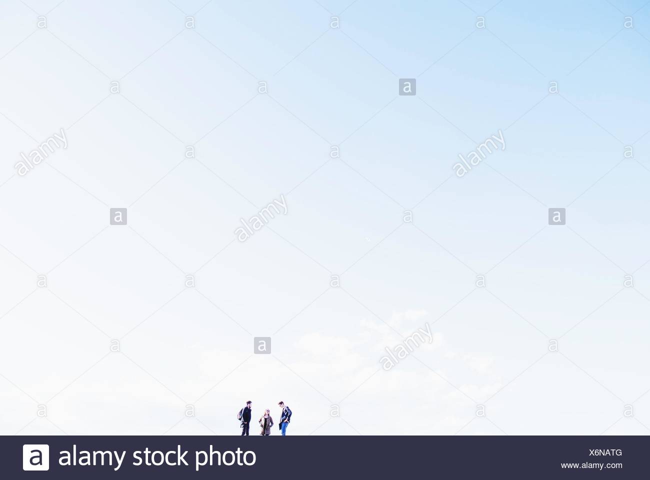 Ángulo de visión baja de amigos que estaban de pie en la colina contra el cielo Foto de stock