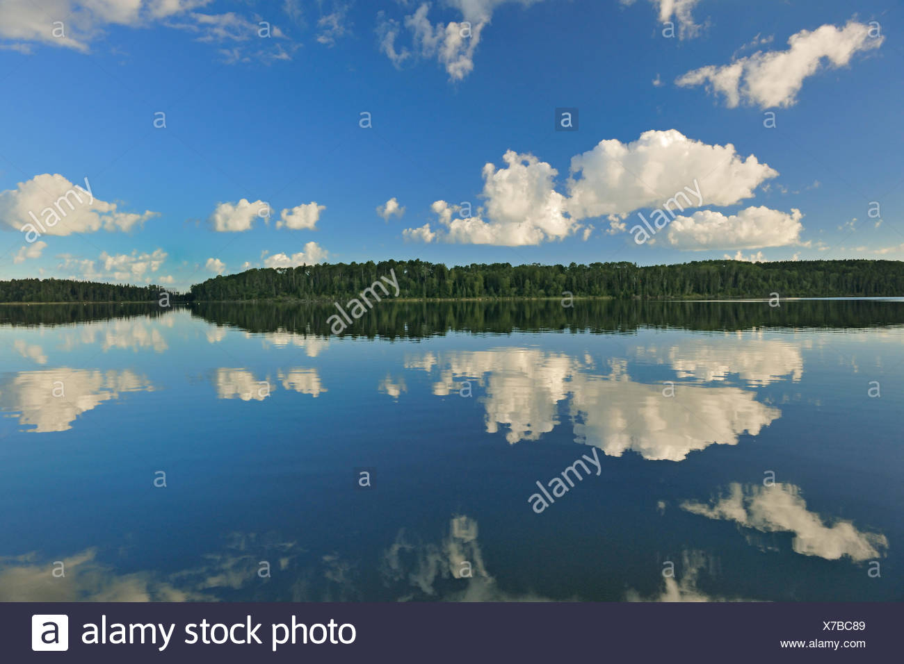Las nubes cúmulos reflejado en Lac Seul Ear Falls en Ontario, Canadá Foto de stock
