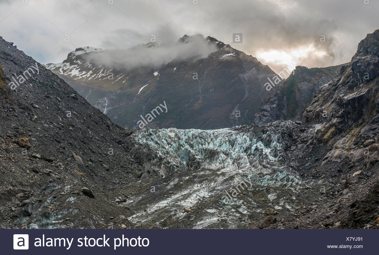 Lengua glaciar, el glaciar Franz Josef, West Coast, Southland, Nueva Zelanda Foto de stock