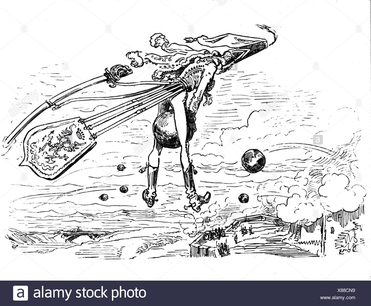Münchhausen, Barón Karl Friedrich Hieronymus, Freiherr von, 11.5.1720 - 22.2.1797, escena de sus aventuras: Volar sobre canonball, grabado en madera siglo 19, Foto de stock