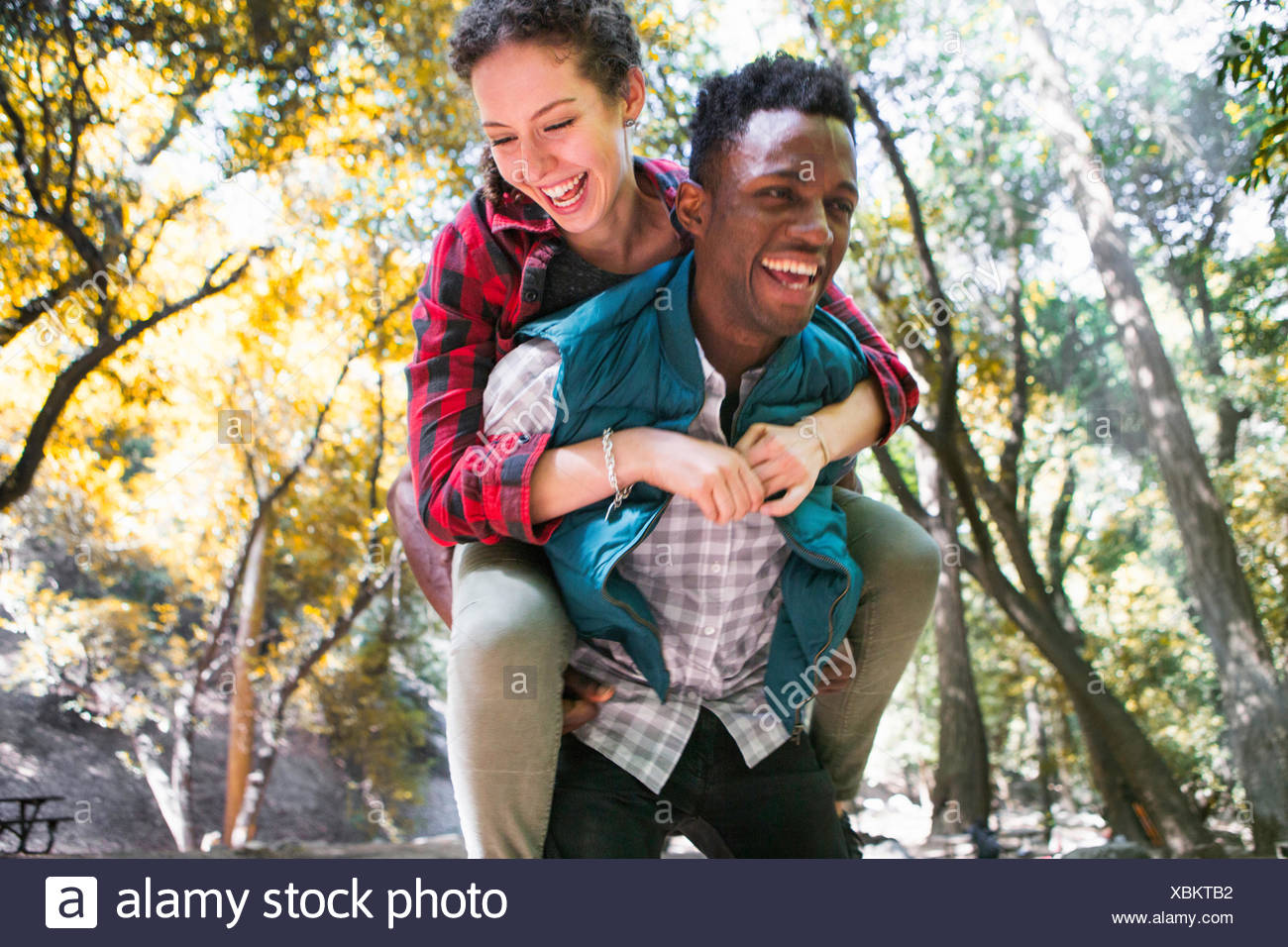 Mujer joven excursionista llegar piggy back del novio en el bosque, Arcadia, California, EE.UU. Foto de stock