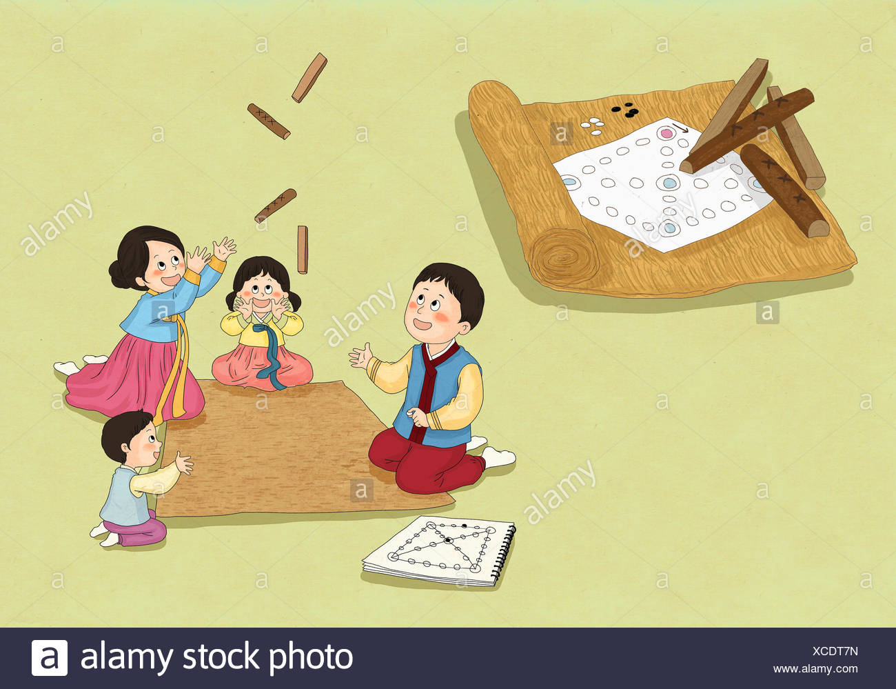 Familia En Ropa Tradicional Coreano Jugando Yut Tradicional Juego Coreano Fotografia De Stock Alamy