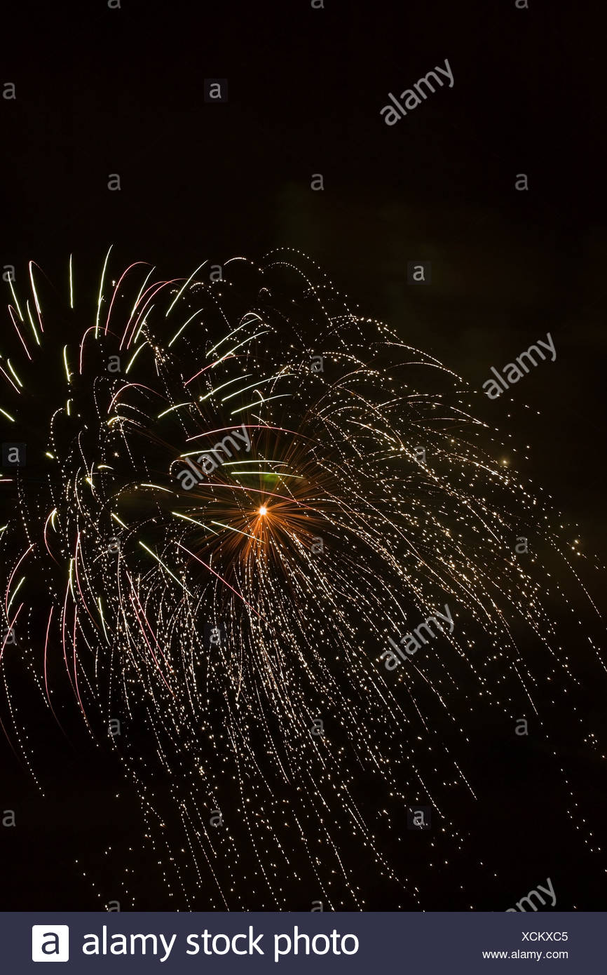 Explosión de fuegos artificiales contra el cielo nocturno Foto de stock