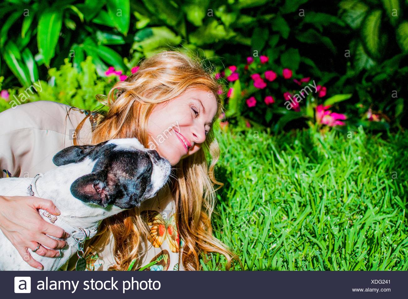 Perro Lamer Cara De Mujer En El Jardin Fotografia De Stock Alamy