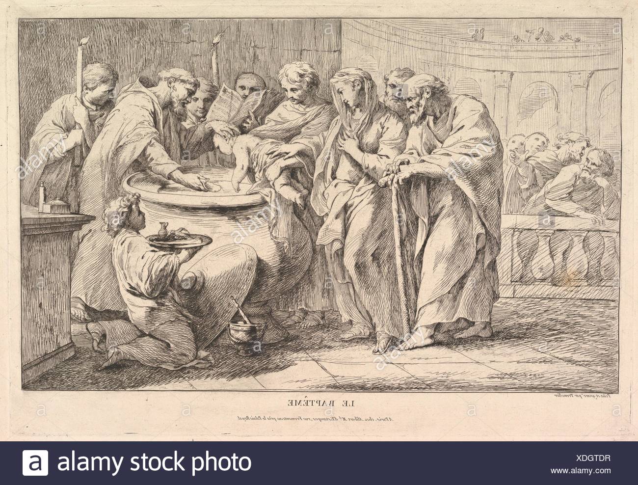 El bautismo. Artista: Pierre Charles Trémolières (Francés, Cholet 1703-1739 París); Fecha: ca. 1734; media: aguafuerte, estado II/II; Dimensiones: Hoja: 13 Foto de stock