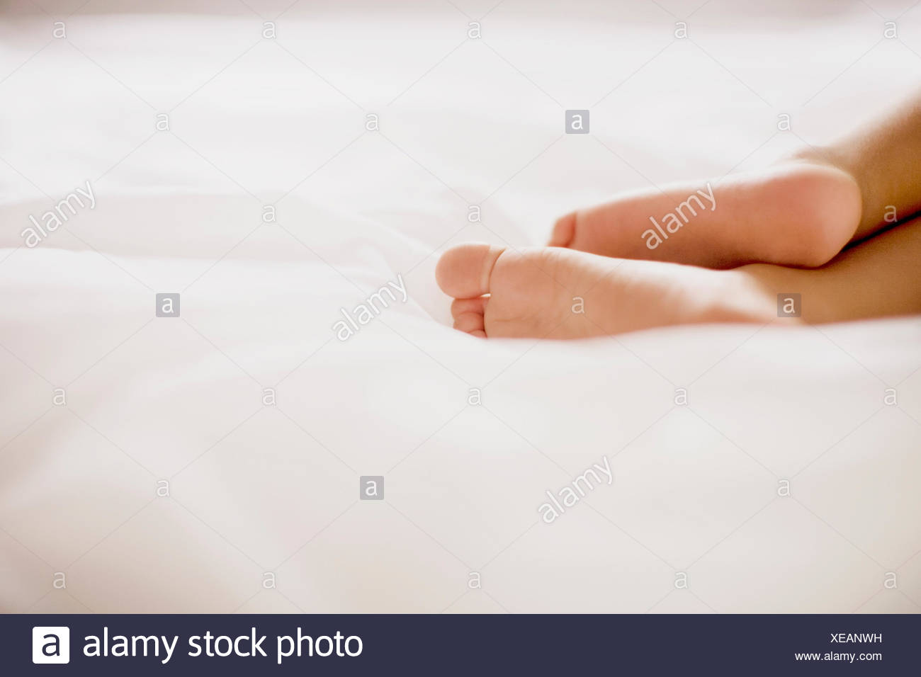 Los pies humanos en la cama Foto de stock