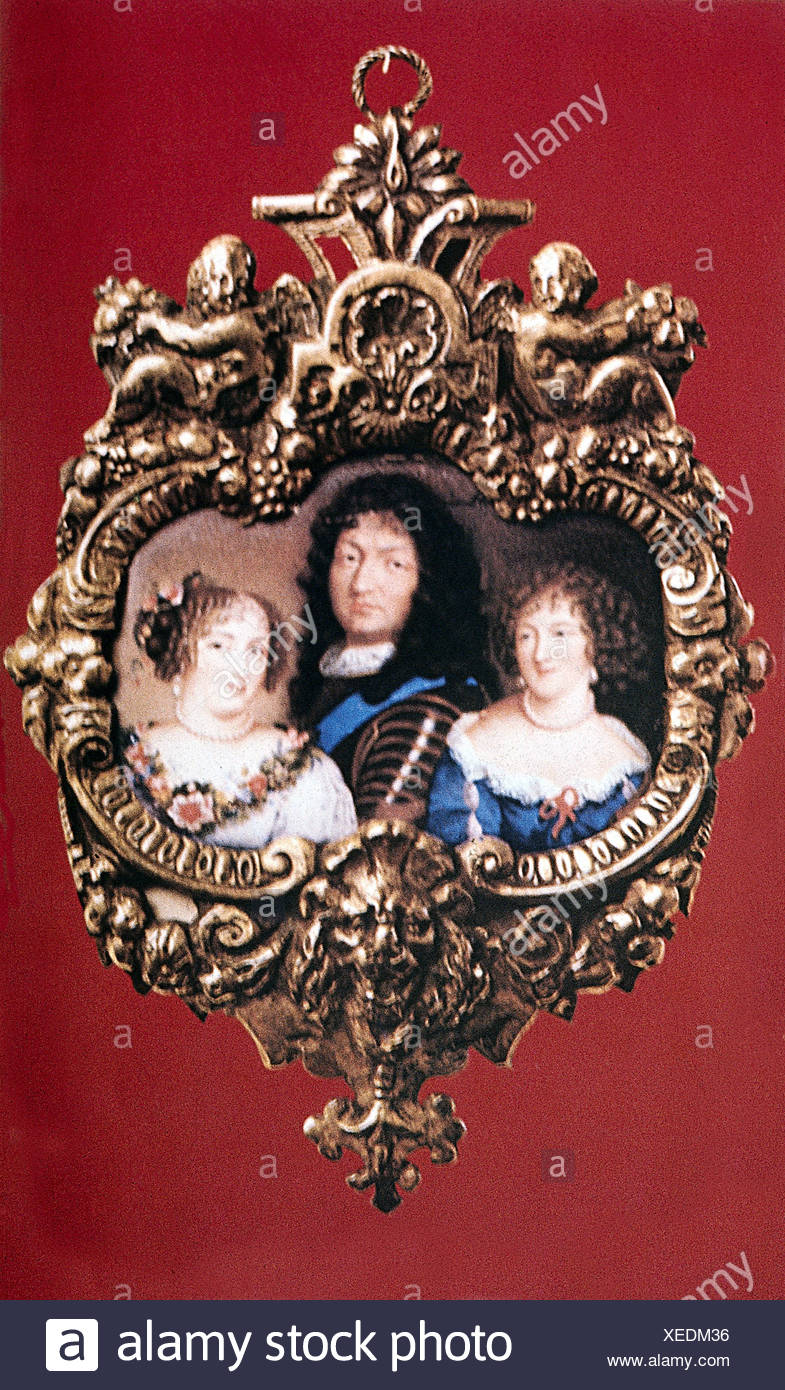 Luis XIV, 5.9.1638 - 1.9.1715, Rey de Francia 1643 - 1715, retrato, con sus amantes Louise de la Valliere y Francoise Marquise de Montespan, miniatura, Foto de stock