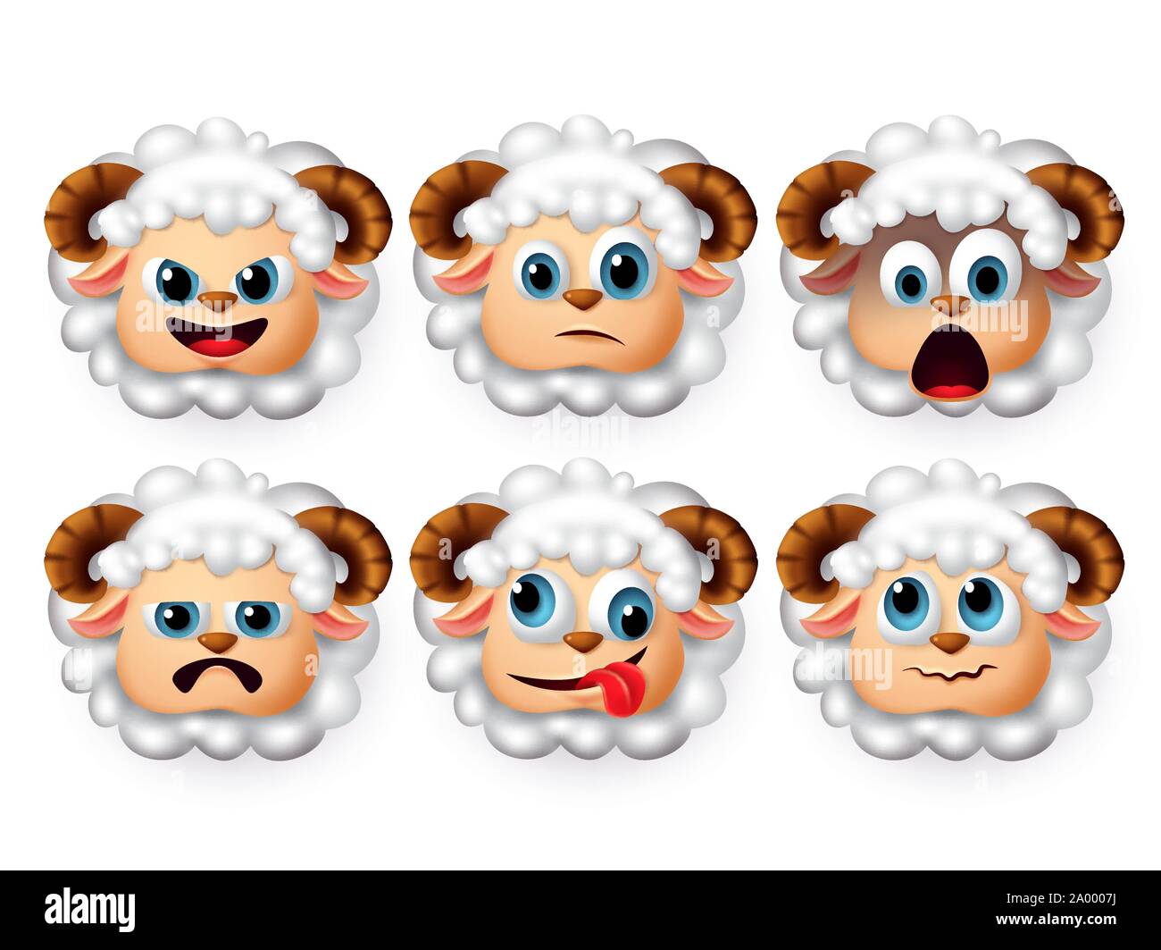 Face à l'agneau émoticône vector set. Emoji et émoticone d'adorables moutons Agneau dans les cheveux bouclés avec triste et expressions surprise isolé en fond blanc. Illustration de Vecteur