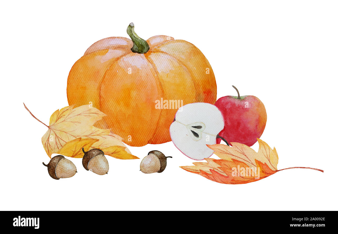 Aquarelle composition d'automne avec du potiron, des pommes, des feuilles d'érable et de glands, peinte à l'illustration de l'action de grâce ou fête des récoltes d'automne Banque D'Images