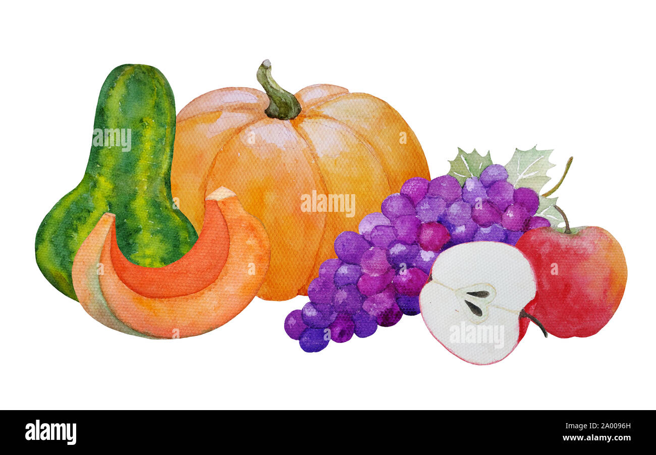 Aquarelle composition d'automne avec les potirons, les pommes et le raisin, peinte à l'illustration de l'action de grâce ou de l'automne fête des vendanges design Banque D'Images