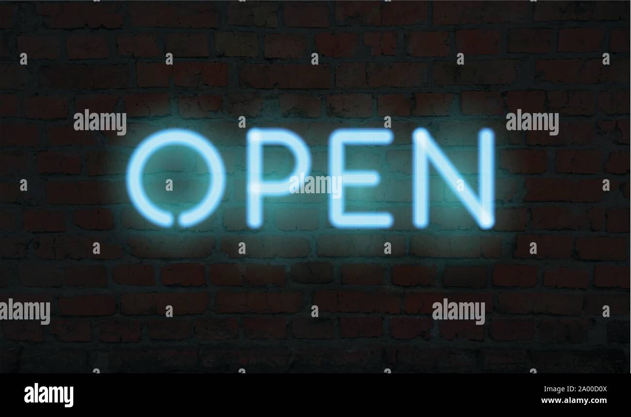 Ouvert au néon. Vecteur réaliste lettres sur le mur de brique lumineux Illustration de Vecteur