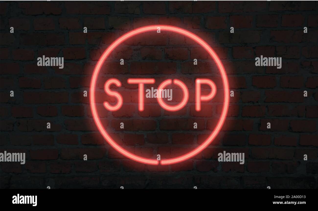 Neon panneau d'arrêt sur un mur de briques. Lettres de néon réaliste vectorielle Illustration de Vecteur