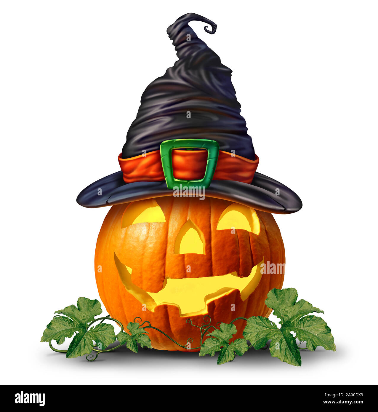 Citrouille Halloween sorcière portant un chapeau comme fun saison automne caractère effrayant sur un fond blanc comme un symbole d'une décoration traditionnelle de vacances. Banque D'Images