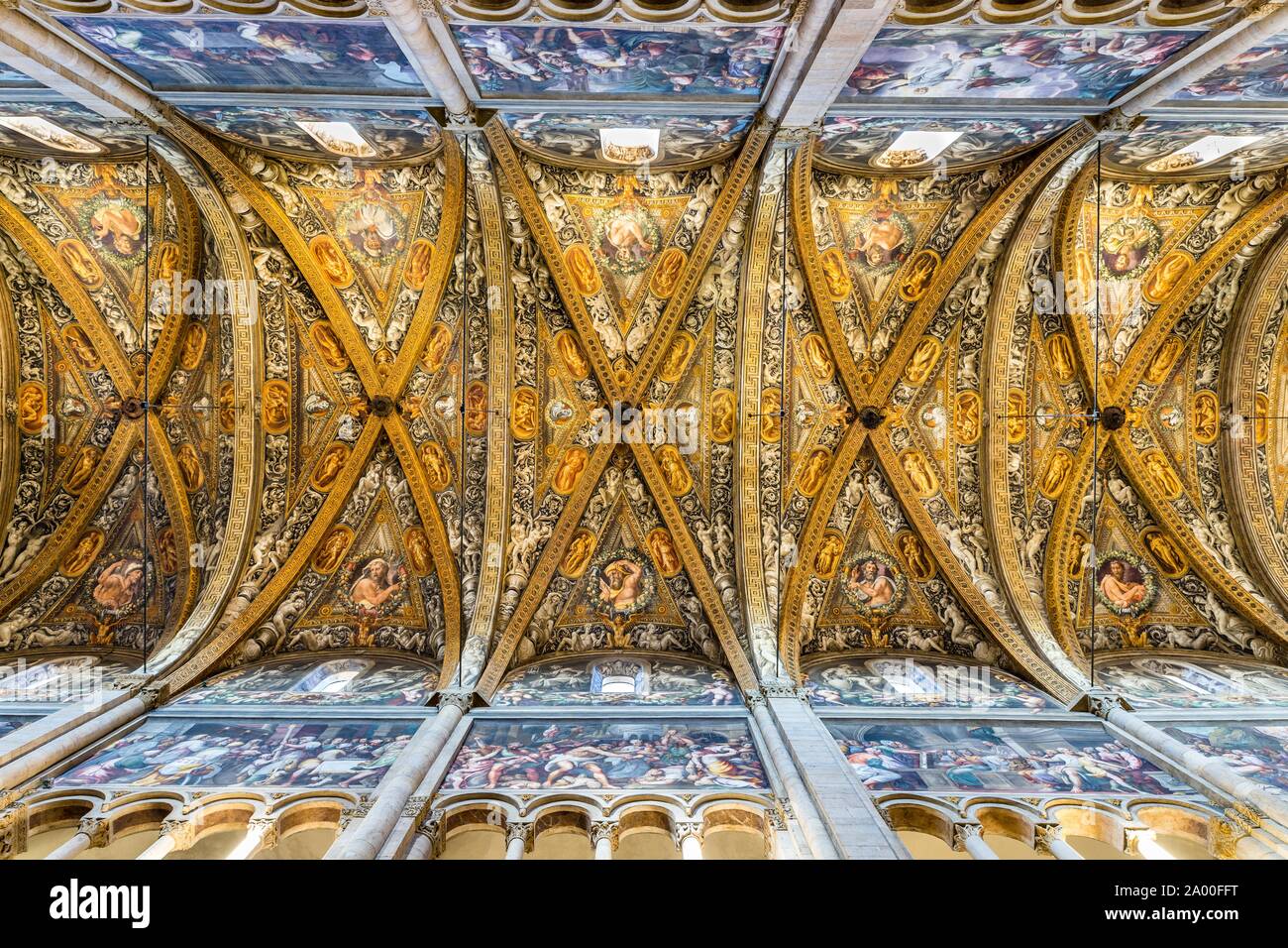 Plafond artistique vault, nef, Cathédrale Santa Maria Assunta, Parme, Emilie-Romagne, Italie Banque D'Images