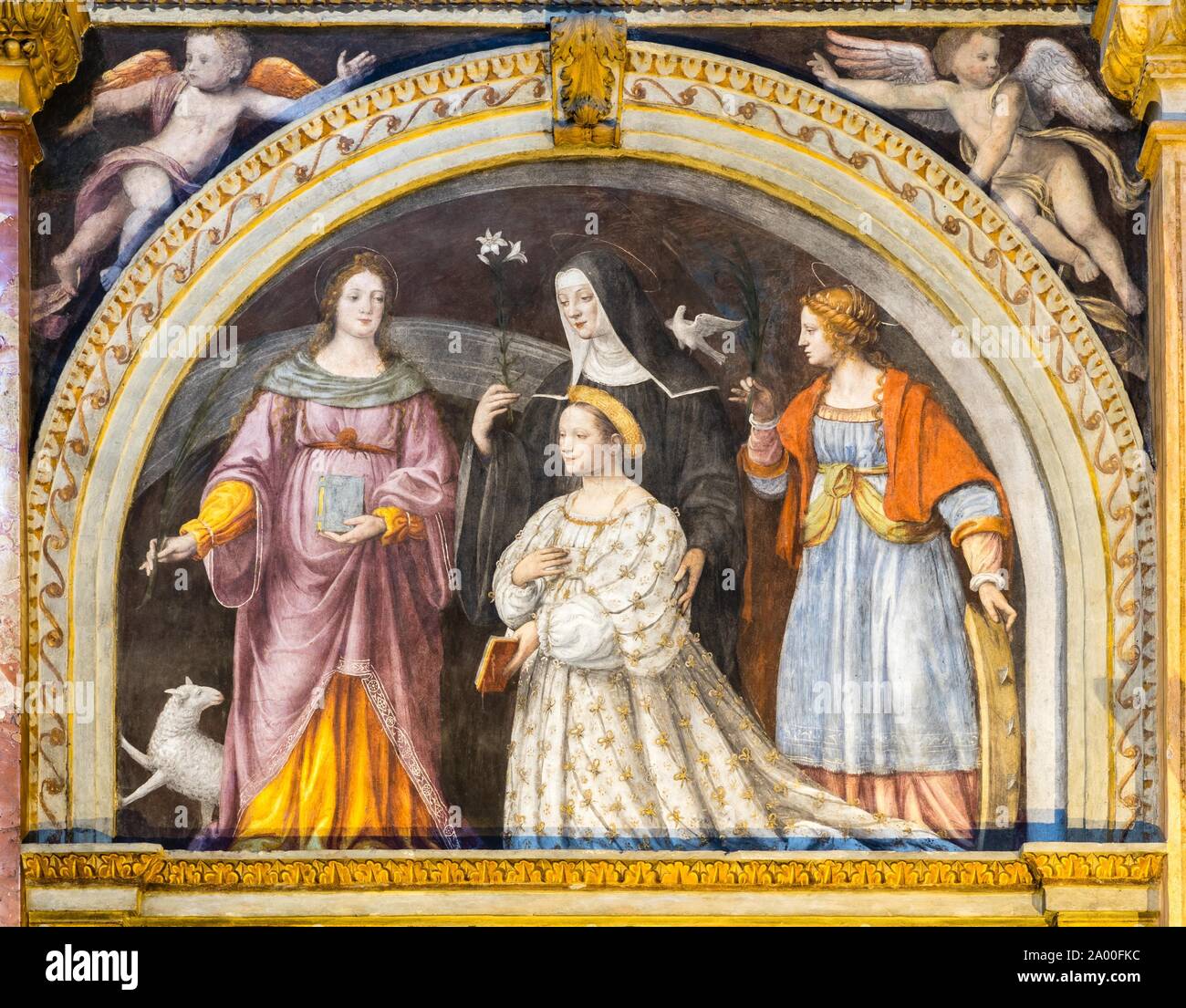 Fondatrice Ippolita Sforza avec saints, fresque de Bernardino Luini, Renaissance, l'église San Maurizio al Monastero Maggiore, Milan, Lombardie, Italie Banque D'Images