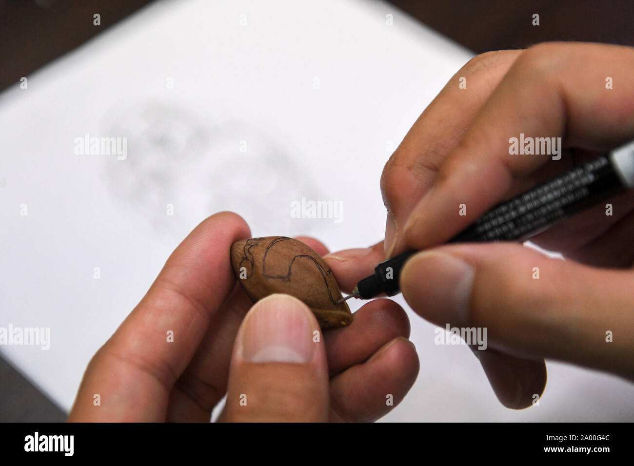 Changsha, Chine, province du Hunan. 18 Sep, 2019. Ma Linyi sculpte sur un noyau de fruit à Changsha, Province du Hunan en Chine centrale, 18 Septembre, 2019. Ma a commencé l'apprentissage de la sculpture sur fruits pit à 21 ans sous la direction du célèbre artisan Zhou Jianming, un héritier de la patrimoine culturel immatériel national 101 fosse fruits sculpture, et est devenu un remarquable artisan lui-même avec ses œuvres après des années de travail. Crédit : Chen Zeguo/Xinhua/Alamy Live News Banque D'Images