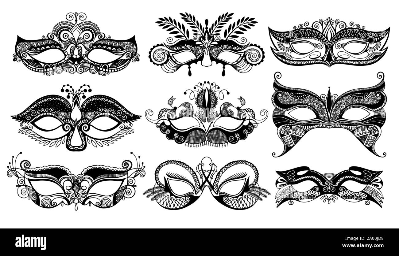 Ensemble de 9 masques visage carnaval vénitien Carnaval Mardi Gras, belle collection de masque Illustration de Vecteur