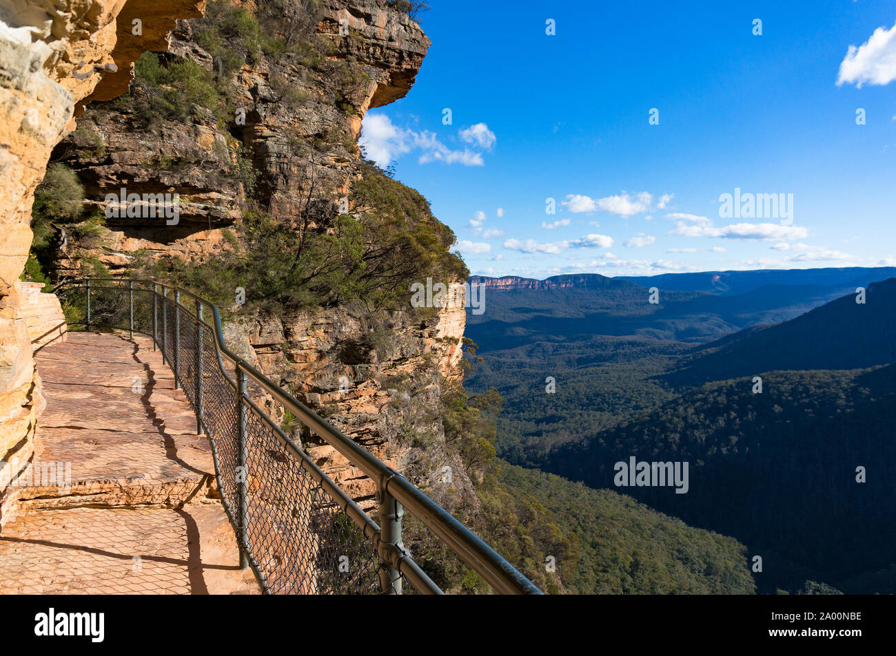 Les voies de passage des montagnes bord de la falaise. Wentworth Falls, Blue Mountains National Park, New South Wales, Australie Banque D'Images
