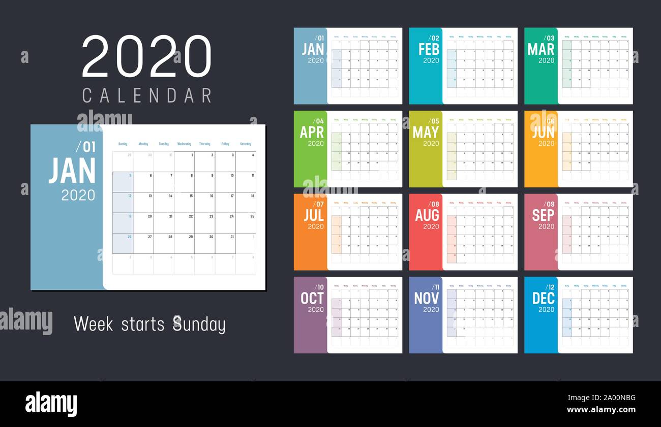 Année 2020 Calendrier mensuel minimaliste aux couleurs vives sur fond noir. Semaine commence le dimanche. Modèle de scénario. Illustration de Vecteur