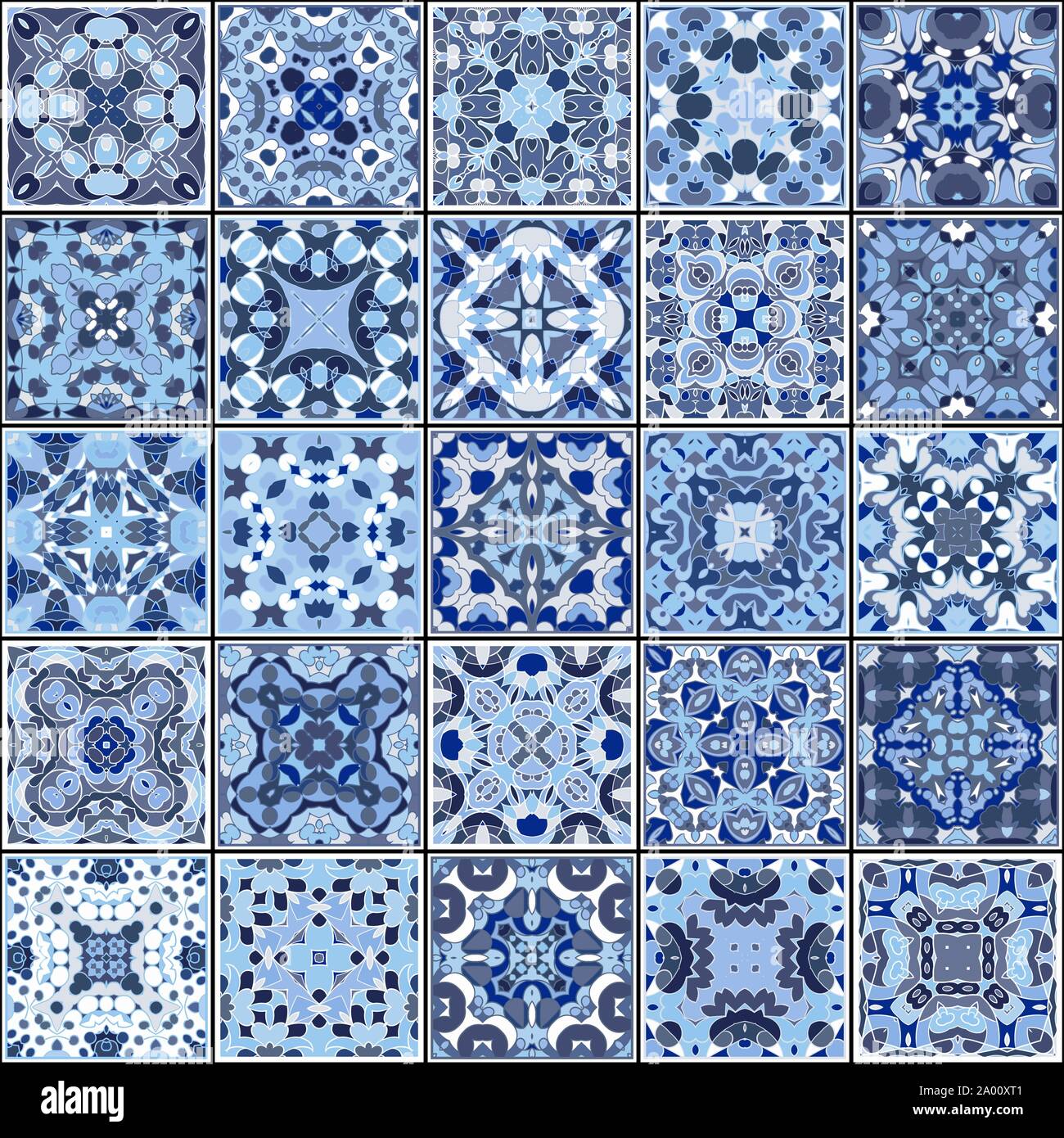 Une collection de carreaux de céramique dans le bleu. Un ensemble de modèles de carrés dans un style oriental. Vector illustration. Illustration de Vecteur