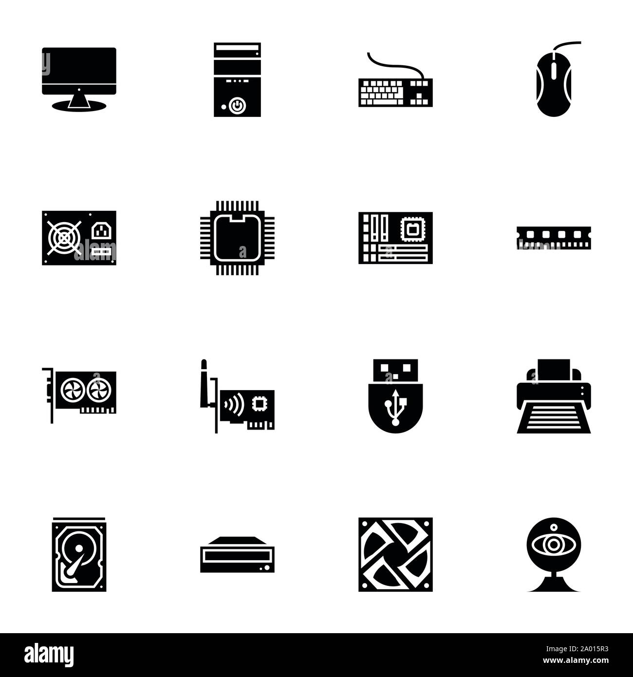 Matériel informatique et accessoires icons set glyph ou style solide vector illustration des périphériques d'ordinateur. Illustration de Vecteur