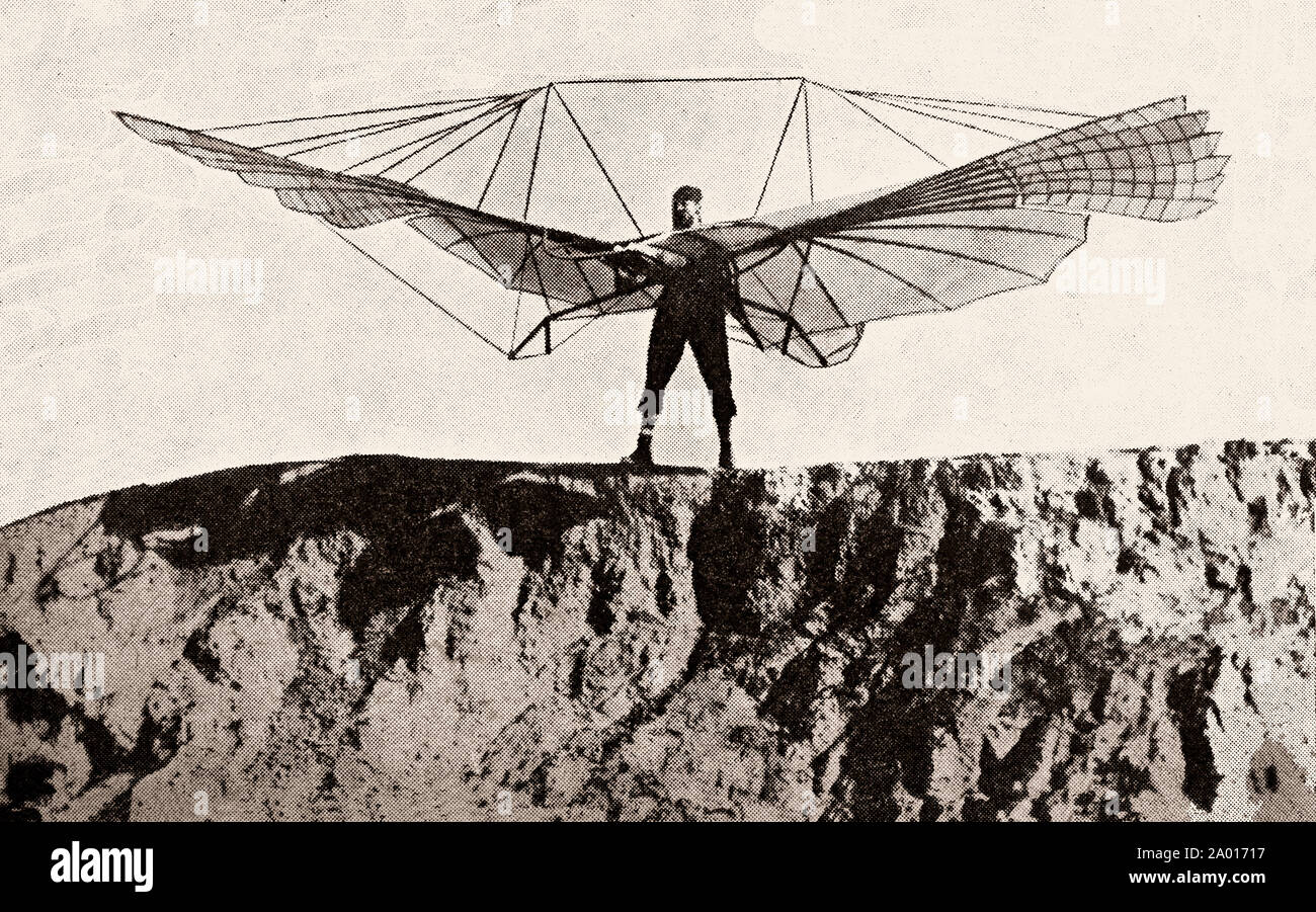 Karl Wilhelm Otto Lilienthal (23 mai 1848 - 10 août 1896) était un pionnier de l'aviation allemande qui est devenu connu sous le nom de "homme volant", et la première personne à faire bien documenté, répété, vols réussis avec les planeurs, qui portent une ressemblance à ceux conçus par Da Vinci. À l'aide d'une colline artificielle il a construit près de Berlin et de collines naturelles, en particulier dans la région de Rhinow, Lilienthal a fait plus de 2 000 vols en planeurs de son dessin à partir de 1891 avec son premier planeur version, le Derwitzer, jusqu'à sa mort dans un accident de vol à voile en 1896. Banque D'Images