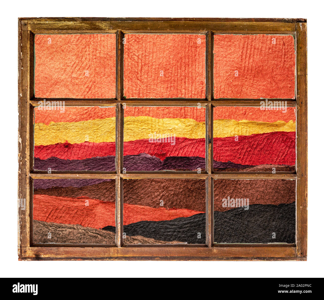 Désert paysage abstrait dans des tons de terre créé avec des feuilles de papier artisanal comme vu à travers une fenêtre à guillotine vintage Banque D'Images