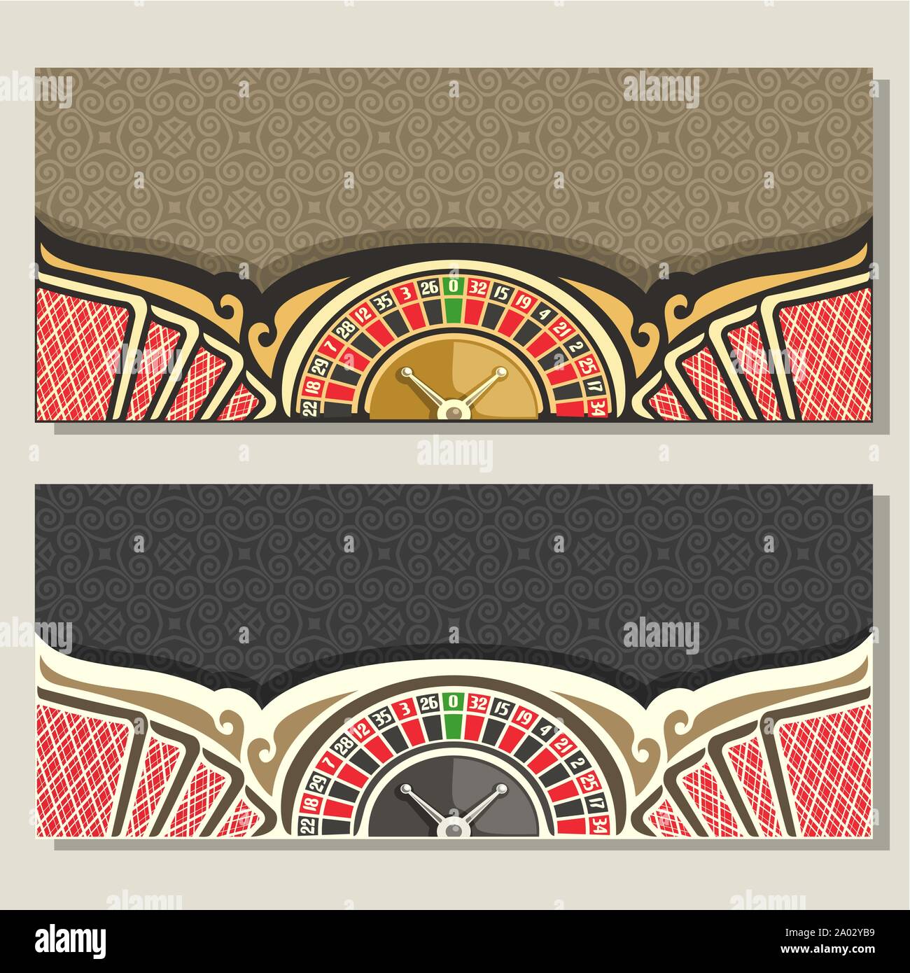 Vector gamble Casino : 2 bannières pour les modèles invitation avec roulette de jeu, red back de carte à jouer. Illustration de Vecteur