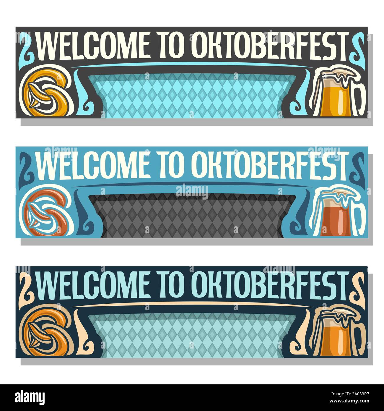 L'Oktoberfest, vecteur des bannières : 3 en-têtes web pour festival Octobre en allemand de Munich, des modèles avec drapeau bavarois, titre bienvenue à l'Oktoberfest, modèles w Illustration de Vecteur