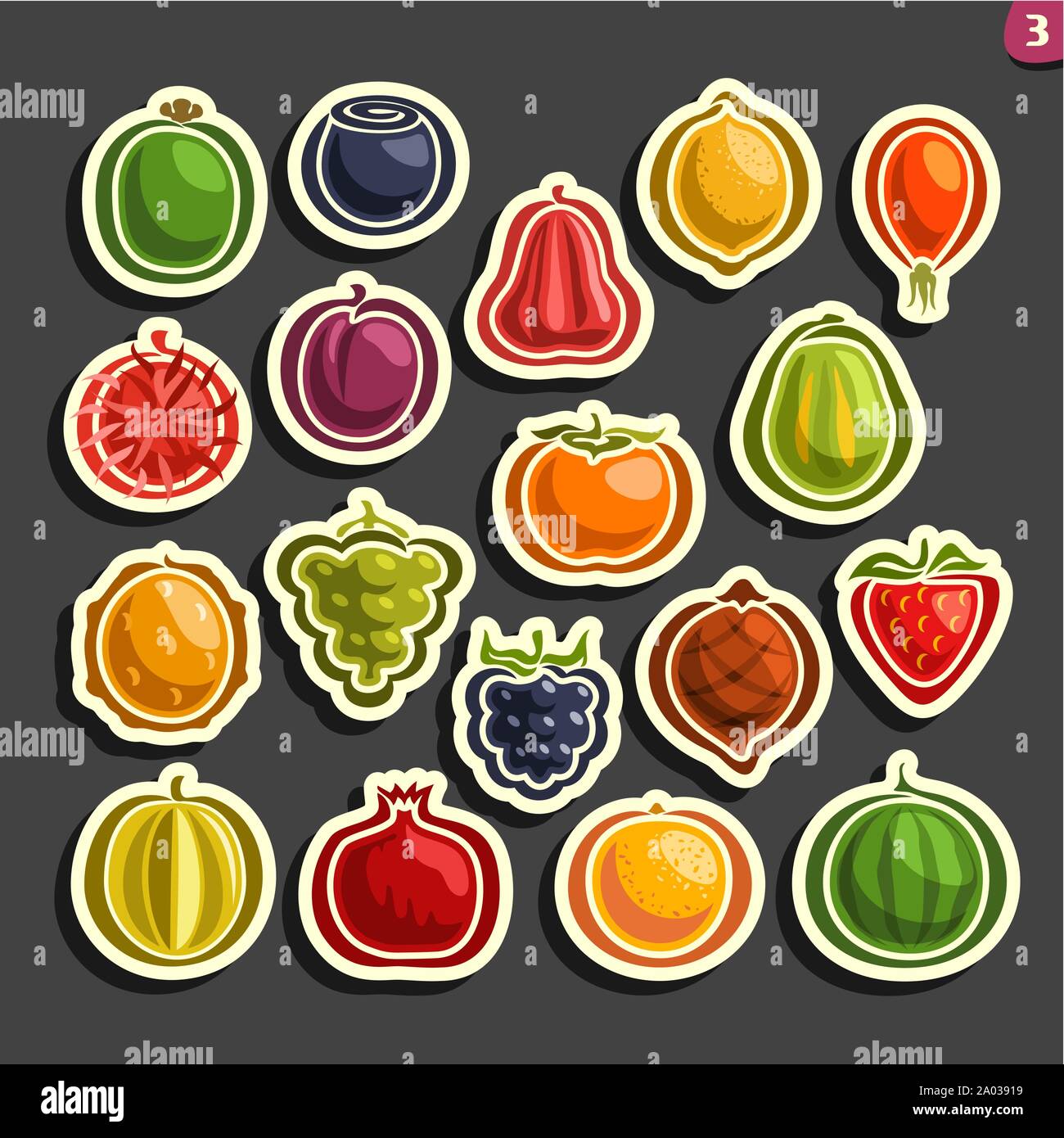 Vector Set icônes colorées de fruits et de baies isolées sur fond noir. Illustration de Vecteur