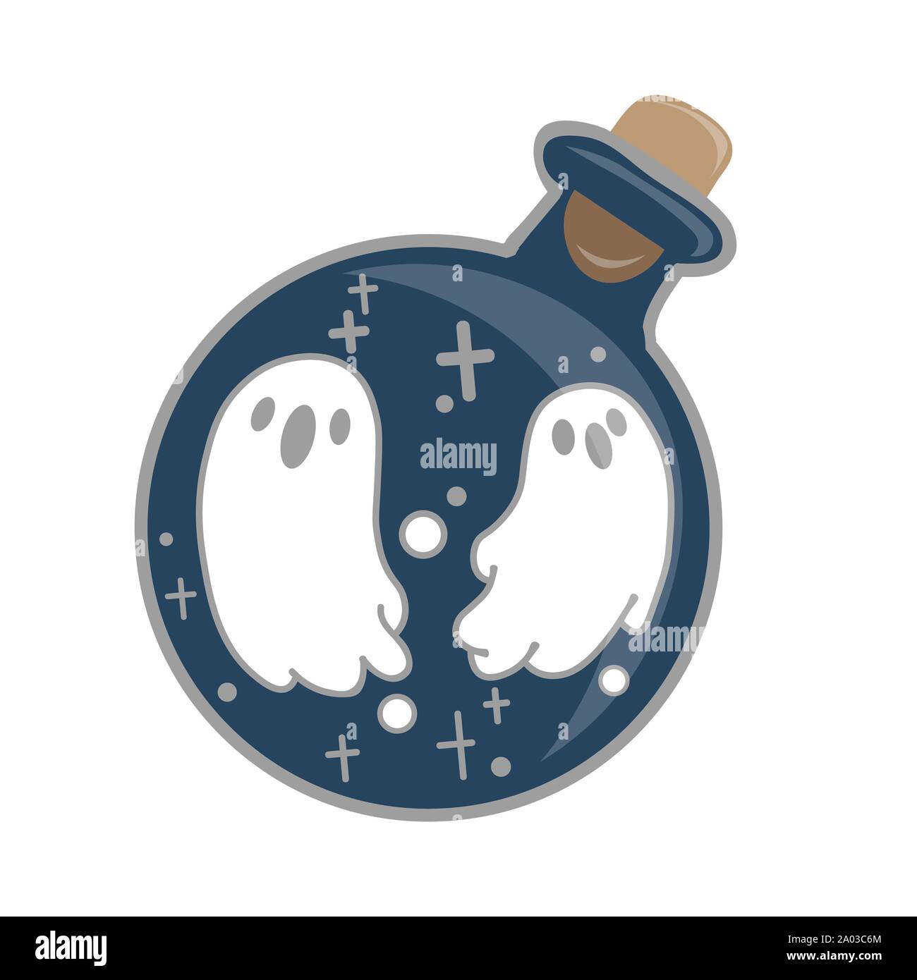 Potion magique : bouteille bleu ensemble jar avec ghost. Vector illustration isolé sur blanc. Happy Halloween. Jolie Ronde dessiné à la main verre de potion. Illustration de Vecteur