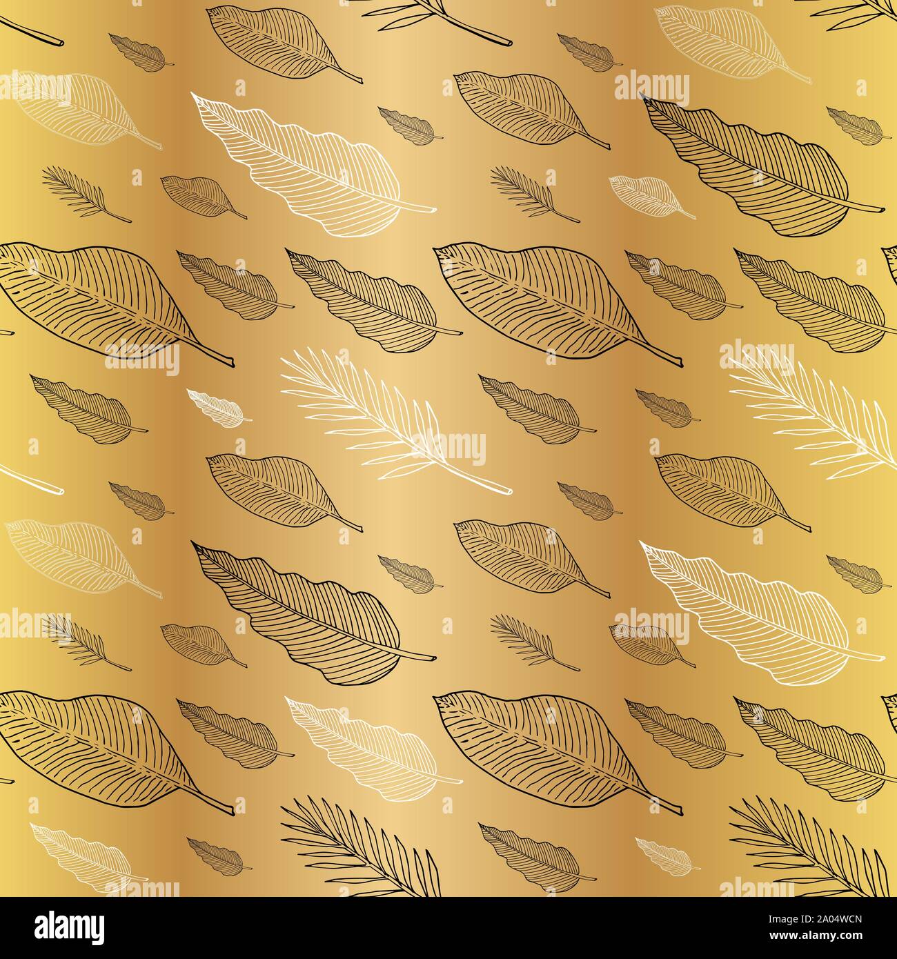 Modèle sans couture avec philodendron, banane et de feuilles de palmier ou de plumes. Doodle croquis. Le noir et blanc donne un aperçu sur fond doré. La texture pour la mode, tissu, papier numérique toiles décoratives, emballage de Noël. Vector illustration. EPS10 Illustration de Vecteur