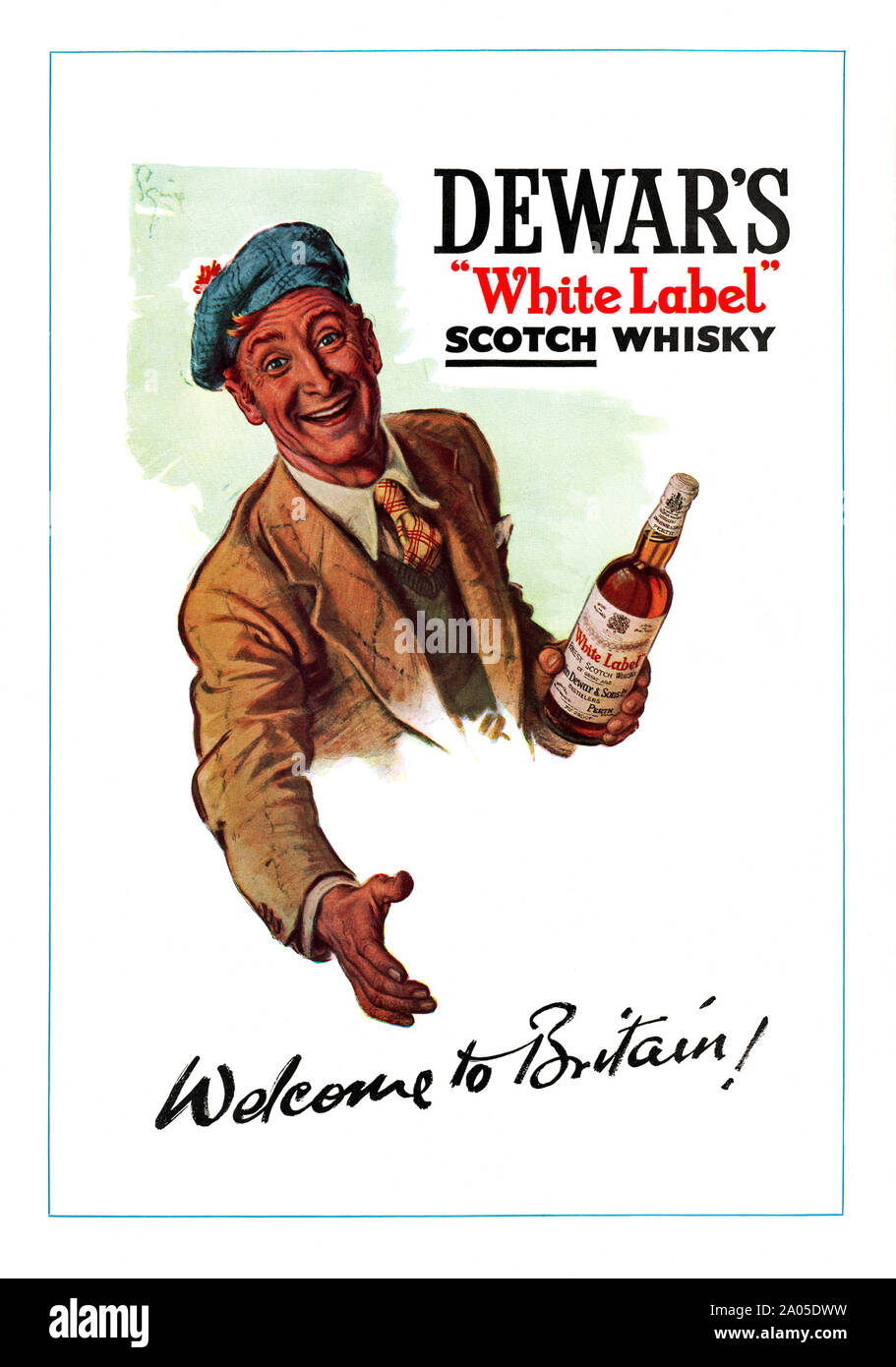 Annonce pour Dewar's 'White Label' scotch whisky, 1951. L'illustration montre un Ecossais tendant la main. Il porte un tam o' shanter hat, un nom donné à l'bonnet écossais traditionnels portés par les hommes. Le nom dérive de Tam o' Shanter, le héros éponyme du poème de Robert Burns 1790. Dewar's est une marque de blended Scotch whisky maintenant propriété de Bacardi, qui prétend 'White Label' pour être la plus vendue dans le blended Scotch USA. Banque D'Images