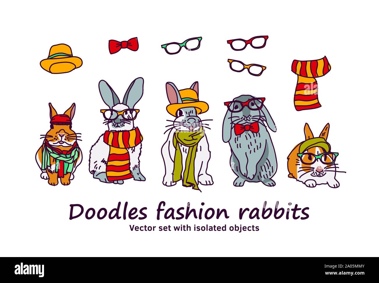 Doodles fashion lapins animaux objets isolés. Vector illustration couleur EPS8 Illustration de Vecteur