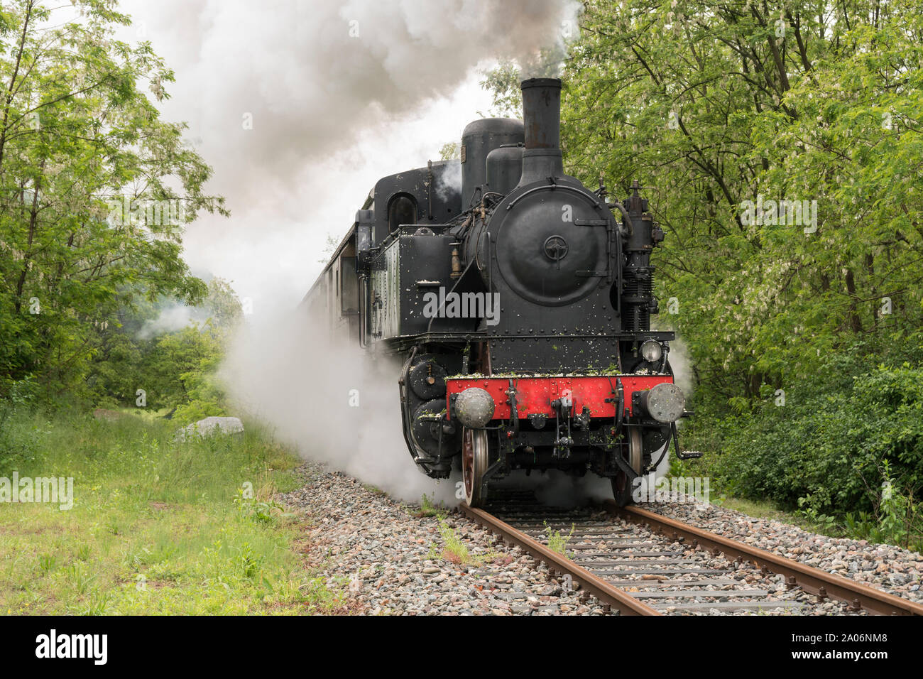 Vintage avec train à vapeur et locomotives anciennes voitures anciennes fonctionne sur les pistes dans la campagne Banque D'Images