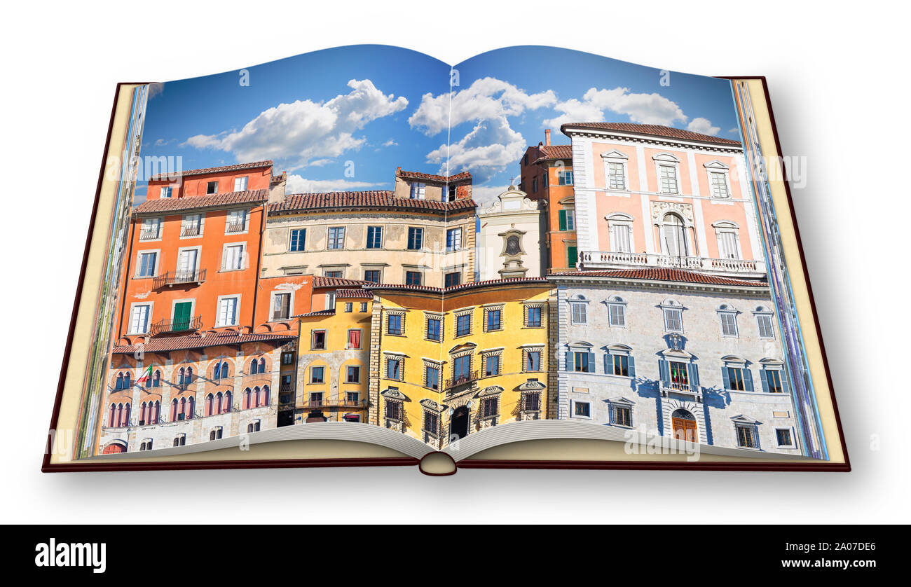 Composition abstraite de vieux bâtiments typique italien (Italie - Pise) - 3D render of a ouvert un livre photo isolé sur fond blanc Banque D'Images