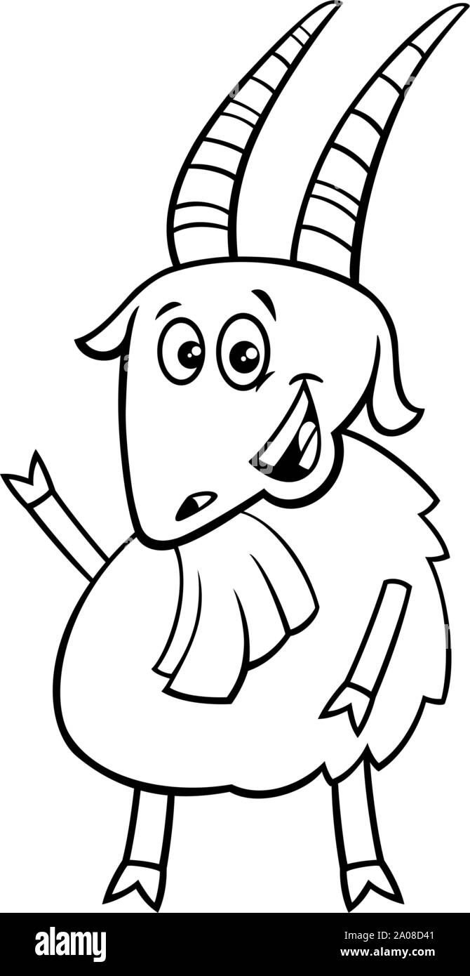 Cartoon noir et blanc Illustration de Cheerful Goat Farm personnage animal Page à colorier Illustration de Vecteur