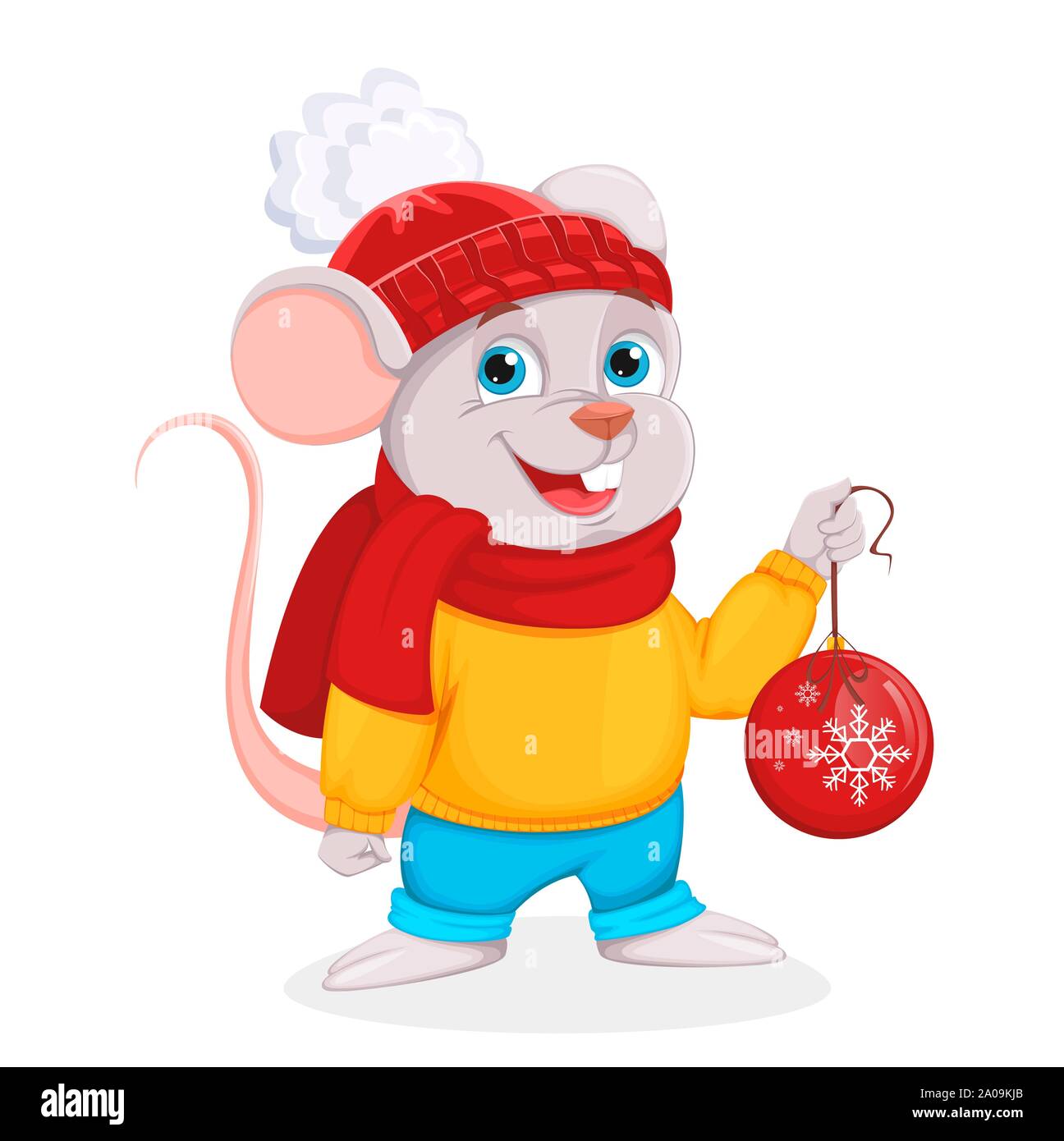 Joyeux Noël et Bonne Année. Drôle de personnage tient la souris Christmas Tree ball. Vector illustration sur fond blanc. Illustration de Vecteur